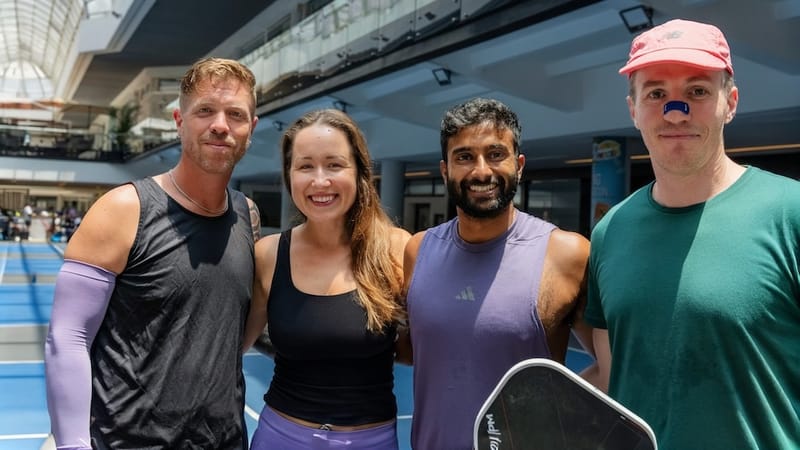 Taylor Jacobson and team members at a pickleball tournament in Mexico City