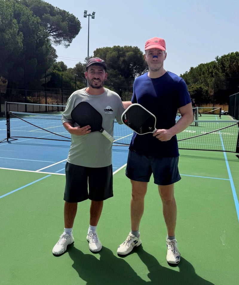 Teammates Guillermo and Taylor, looking exhausted, after the RTA500 Barcelona pickleball tournament, July 2026